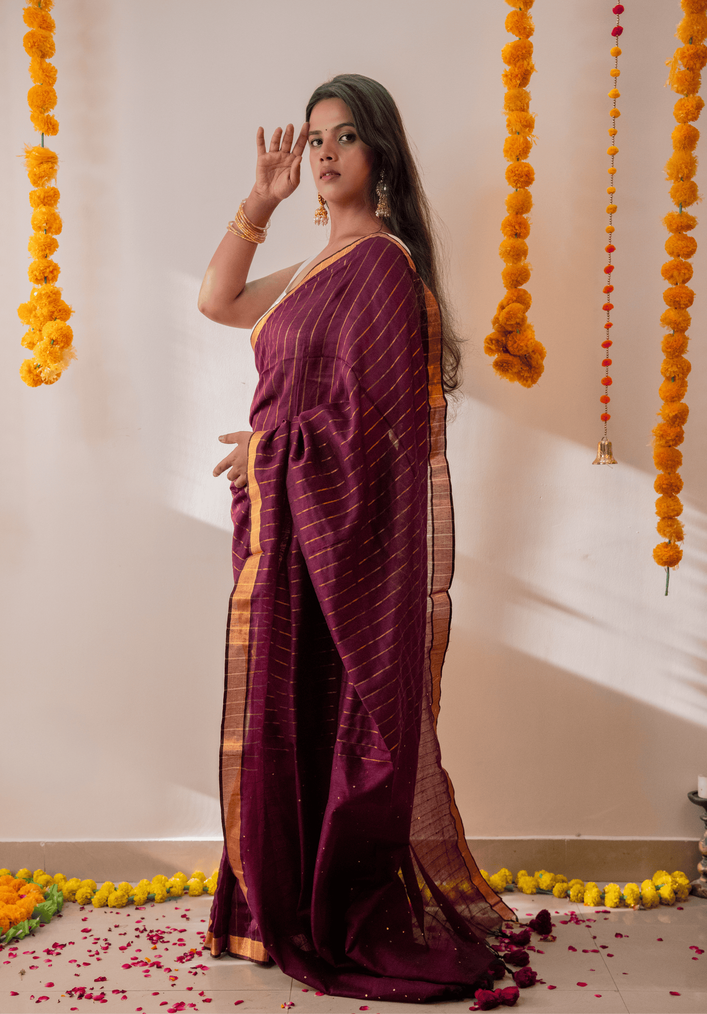 Wine Soft Cotton Sequins Saree With Zari Border