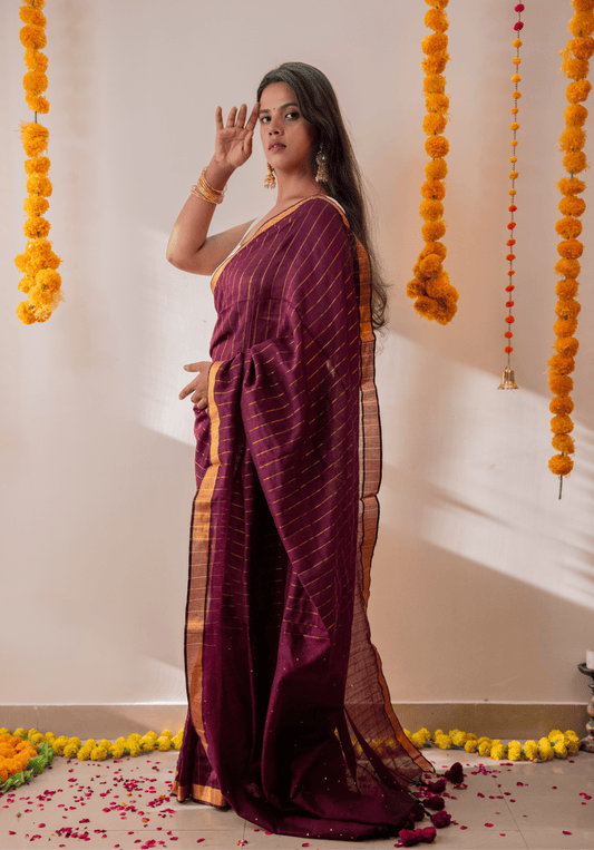 Wine Soft Cotton Sequins Saree With Zari Border