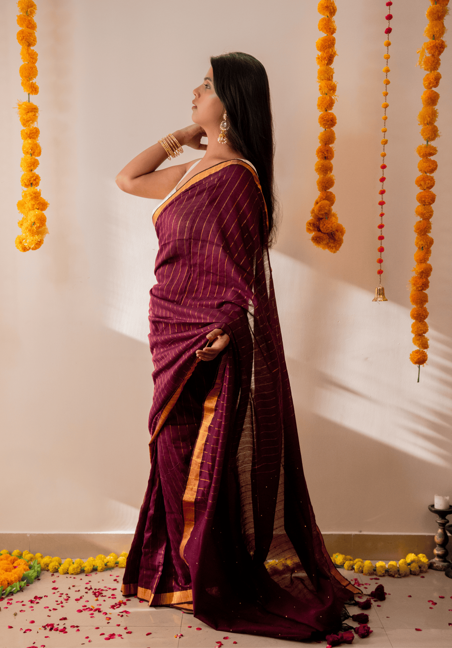 Wine Soft Cotton Sequins Saree With Zari Border