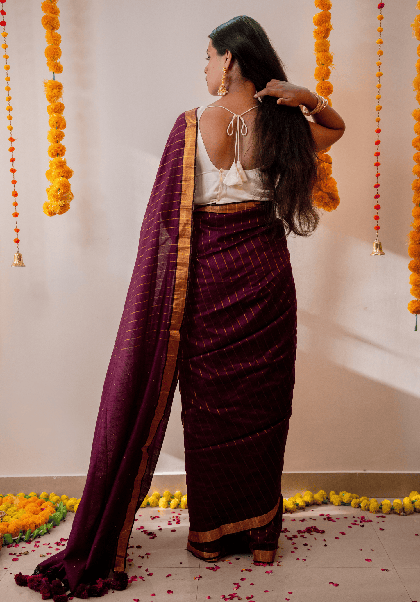 Wine Soft Cotton Sequins Saree With Zari Border