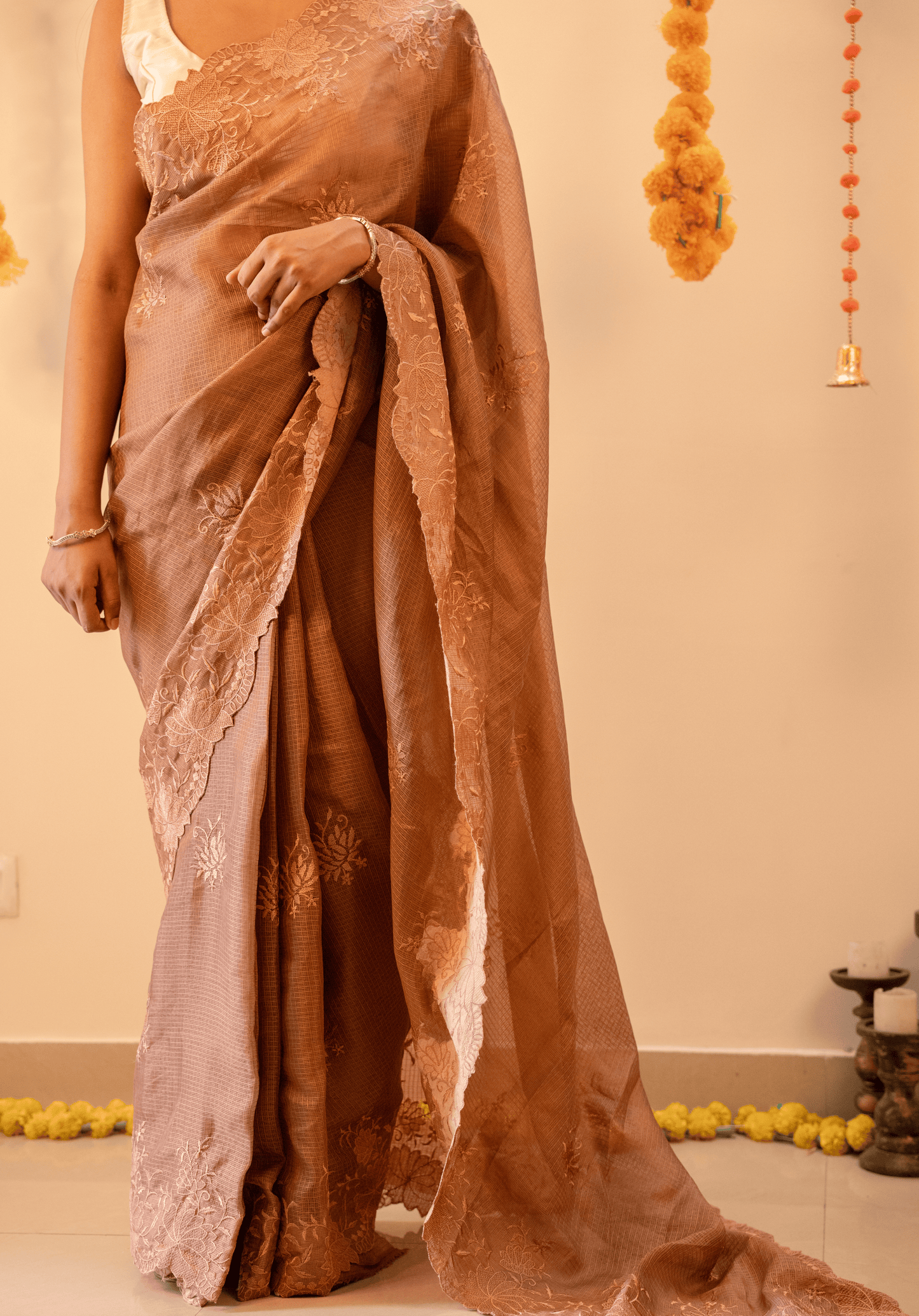 Mocha Brown Cutwork Kota Doria Saree