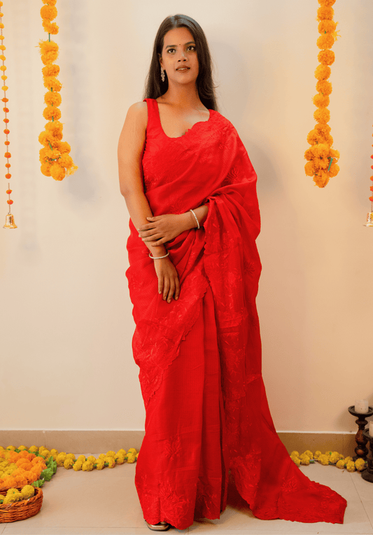 Red Cutwork Kota Doria Saree