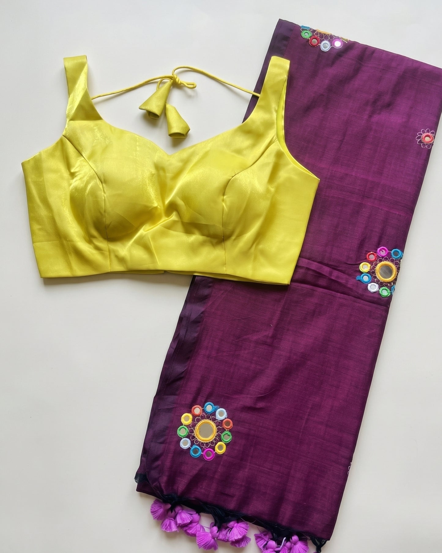 Wine Mirrowork Handloom Cotton Saree With + Yellow Glass Roman Blouse Combo