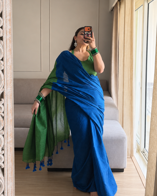 Blue and Green Handwoven Khadi Cotton Saree