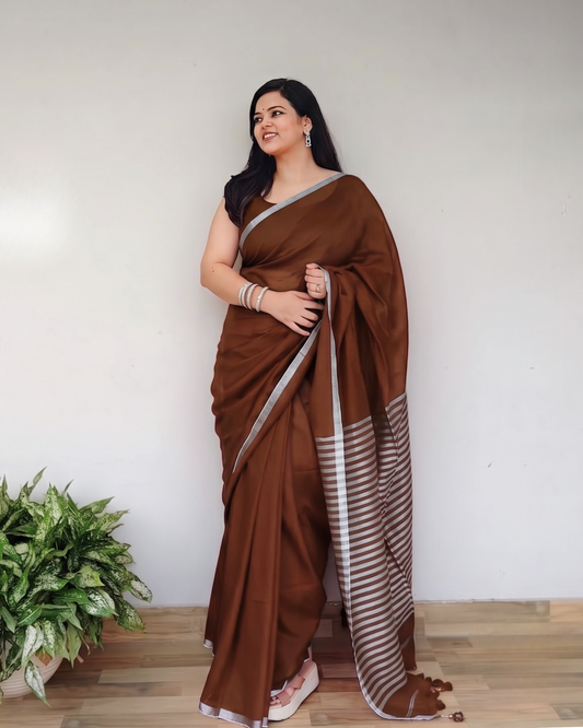 Brown Slub Cotton Saree With Silver Zari Pallu