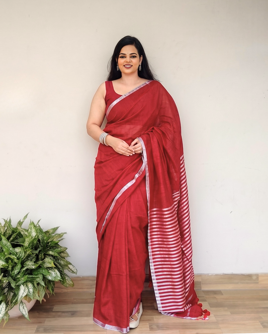Red Slub Cotton Saree With Silver Zari Pallu