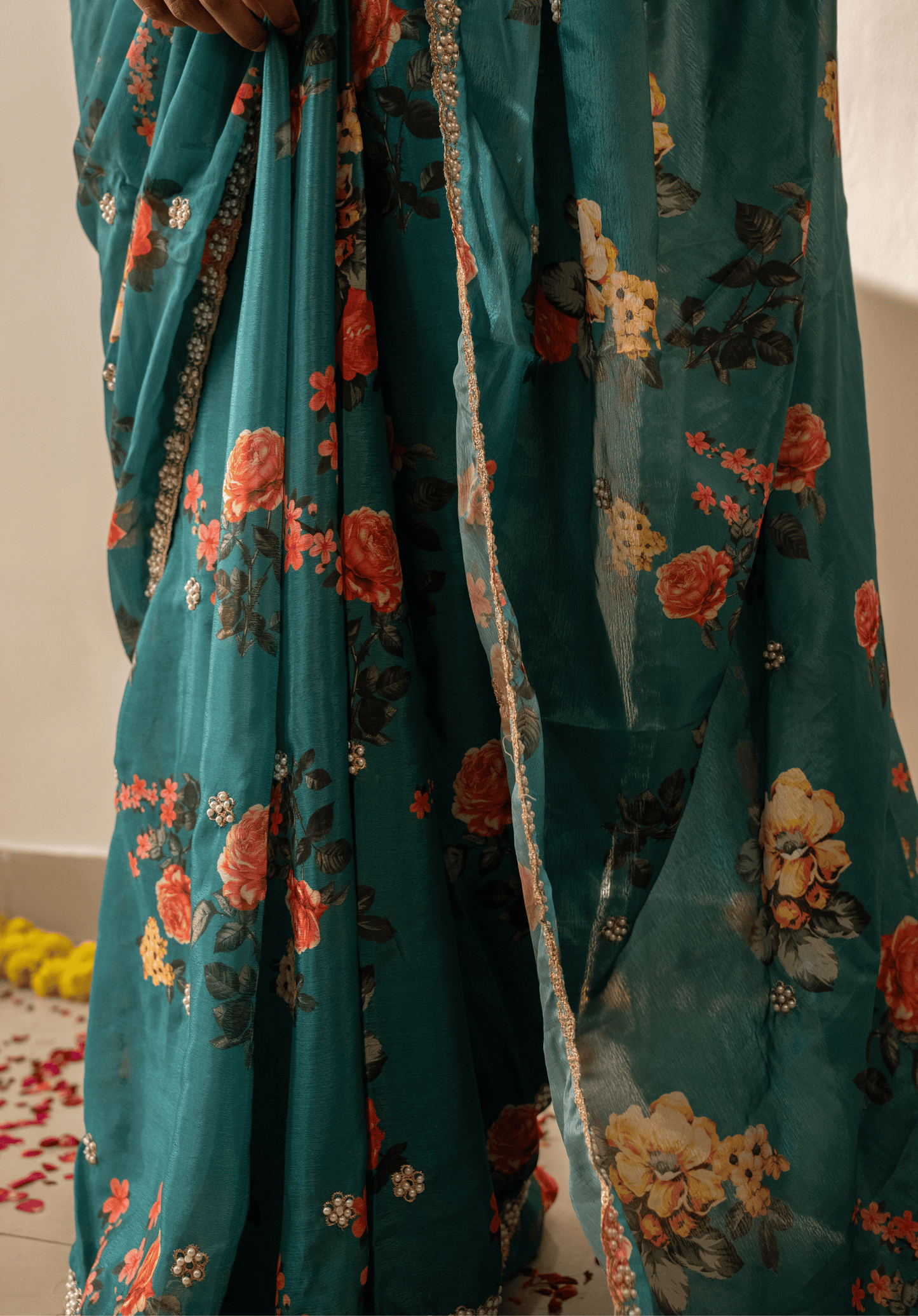 Teal green floral embroidered chinon saree 